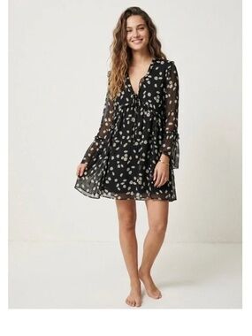 The Kooples Black Sheer Floral Midi Dress with Cream Spots